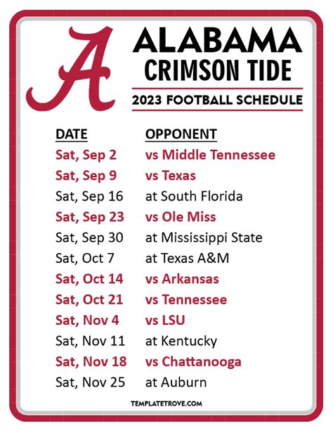Al university football schedule - Crimson Tide. ESPN has the full 2024 Alabama Crimson Tide Regular Season NCAAF schedule. Includes game times, TV listings and ticket information for all Crimson Tide games. 
